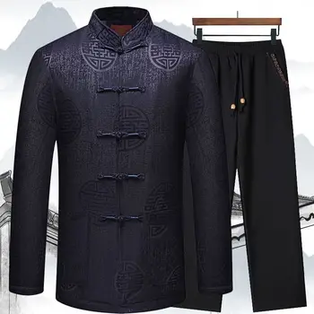 Pikad Varrukad Coat&Püksid Vintage Käsitsi Nupp Tang Ülikond Meestele Hiina Seista Krae Kong Fu Riided Prindi Mees Taiji Cheongsam