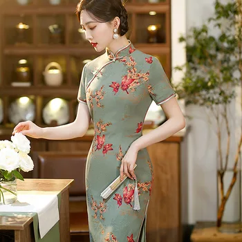 Yourqipao 2023 Suvel Seista Krae Roheline Cheongsam Prindi Slim Retro Fashion Qipao Hiina Stiil õhtukleit jaoks Naised Poole