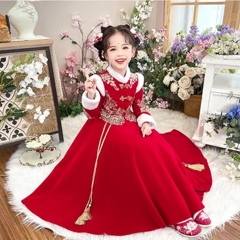 Tüdrukud 2022 Talve Uus Paks Hanfu Haldjas Printsess Dress Tulemuslikkuse Hiina Uusaasta Riided Tervitus Tikandid Qipao Vestido