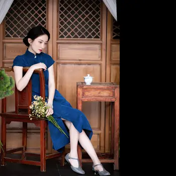 Hiina Traditsiooniline Kleit Vintage Cheongsam Tumesinine Paranenud Retro Vabariikliku Slim Elegantne Pikk Kleit Qipao Riided Naistele