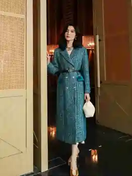 Luksuslik Kõrge ots Grand Shanghai Peacock Blue Liimida Hele Silk Disain Villane Pikk Mantel Naistele